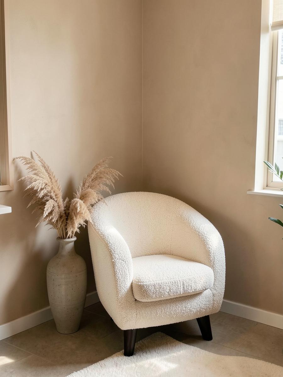 Rincón relax con butaca de bouclé y decoración minimalista